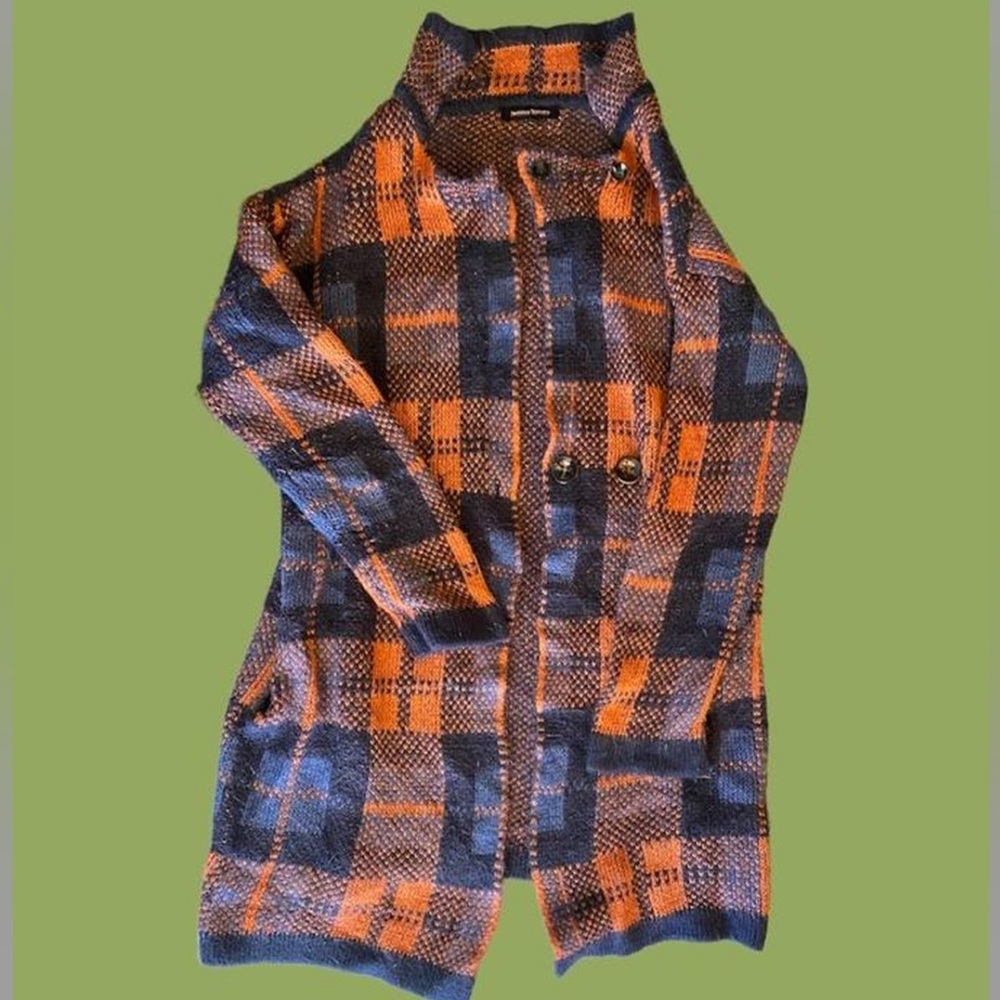 🟧 Orange and Blue Checkered Mohair Cardigan with Pockets 🟦
